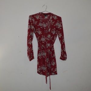 Burgundy long sleeve floral dress with belt